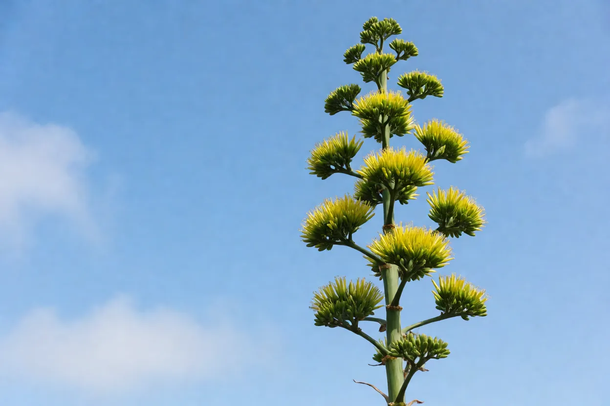 Haste floral alta de agave com flores amarelo-esverdeadas