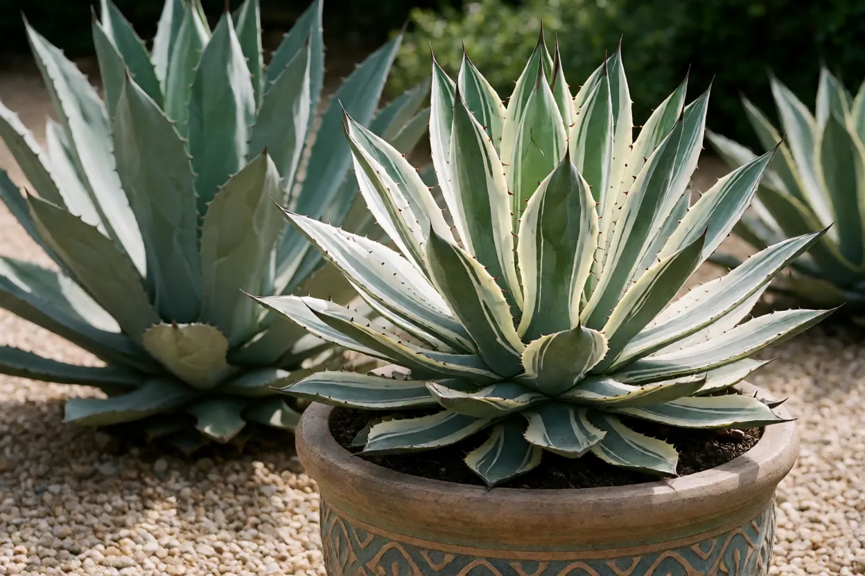 Piteira-do-caribe plantada em vaso grande e em canteiro de pedras
