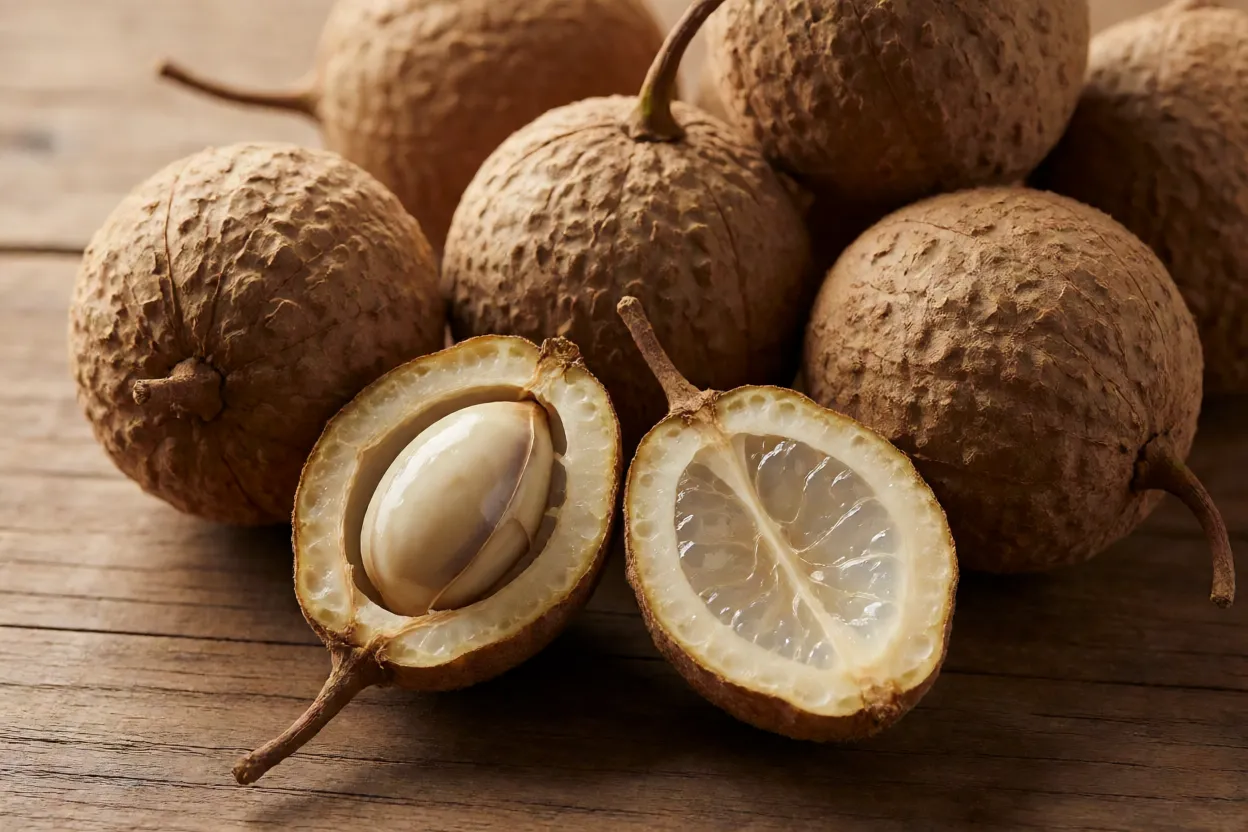 Frutos de pitomba inteiros e um cortado mostrando polpa translúcida e semente