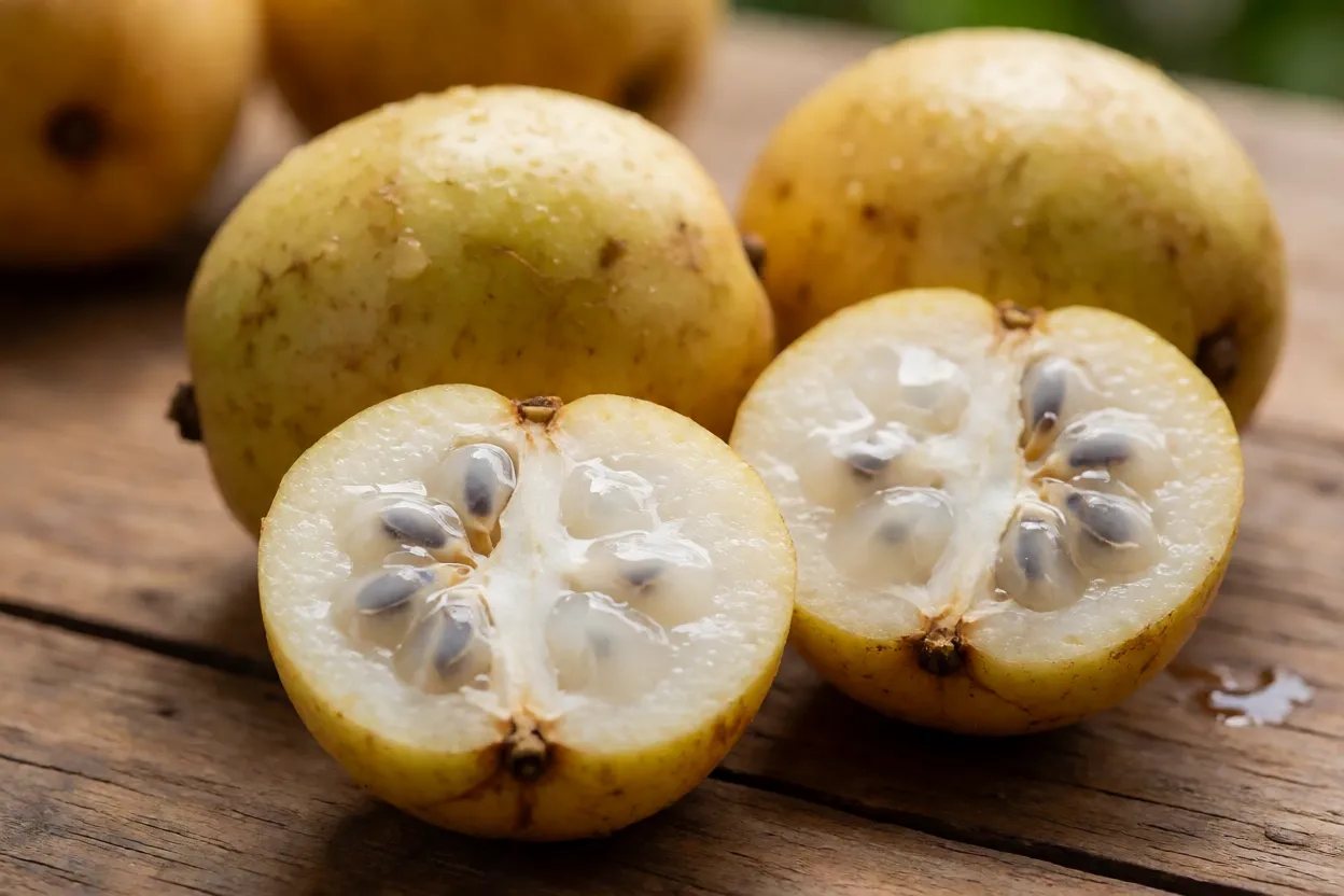 Frutos frescos de pitomba-da-baía inteiros e cortados mostrando polpa branca translúcida