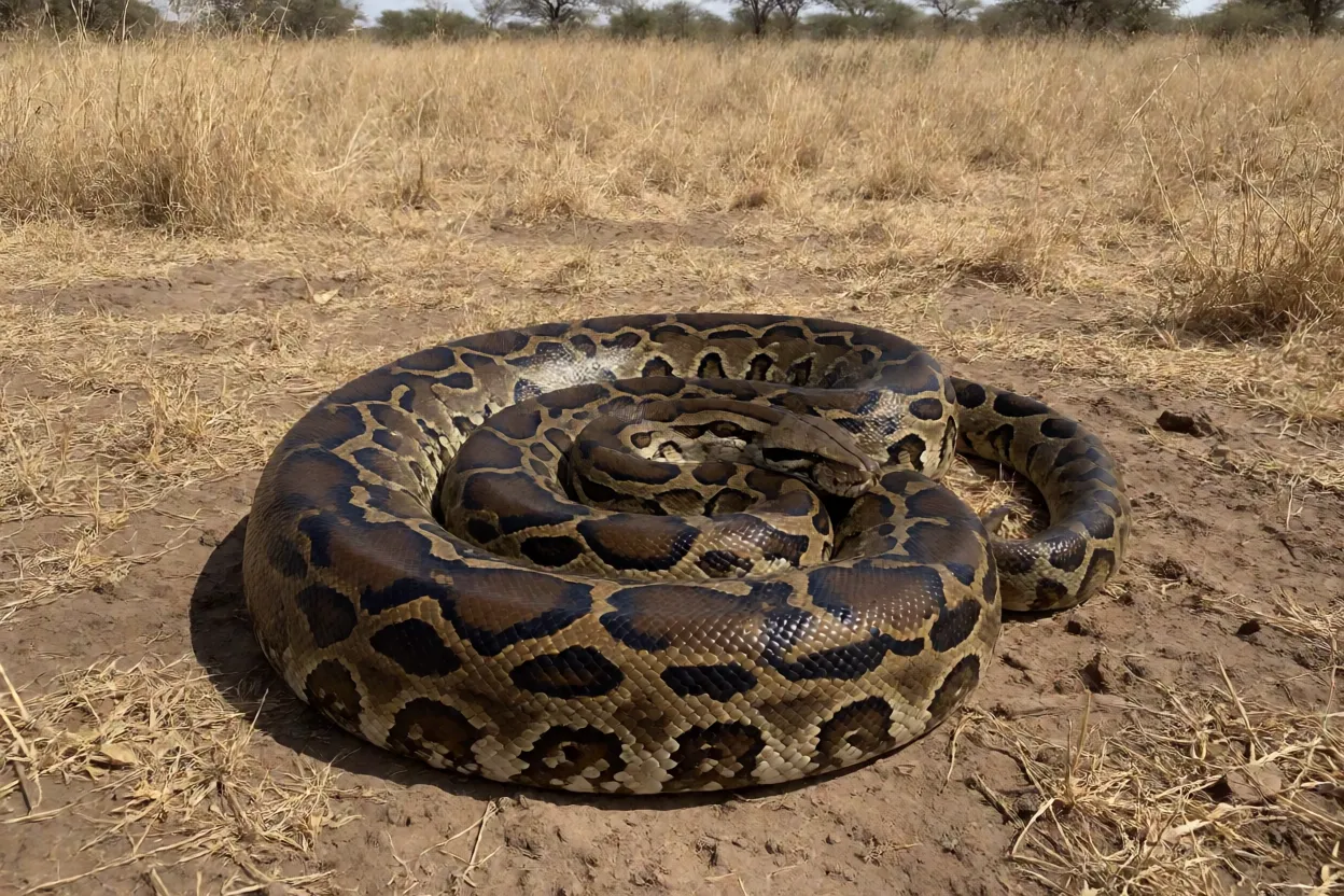 Píton-de-Seba adulta enrolada no solo de savana africana mostrando padrão de manchas