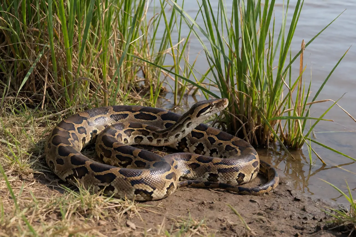 Píton-de-Seba em habitat natural próximo à água na savana