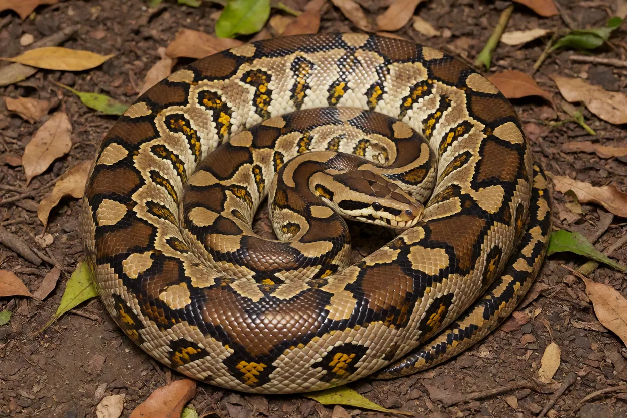 Píton-tapete adulta enrolada no chão da floresta mostrando padrão em mosaico