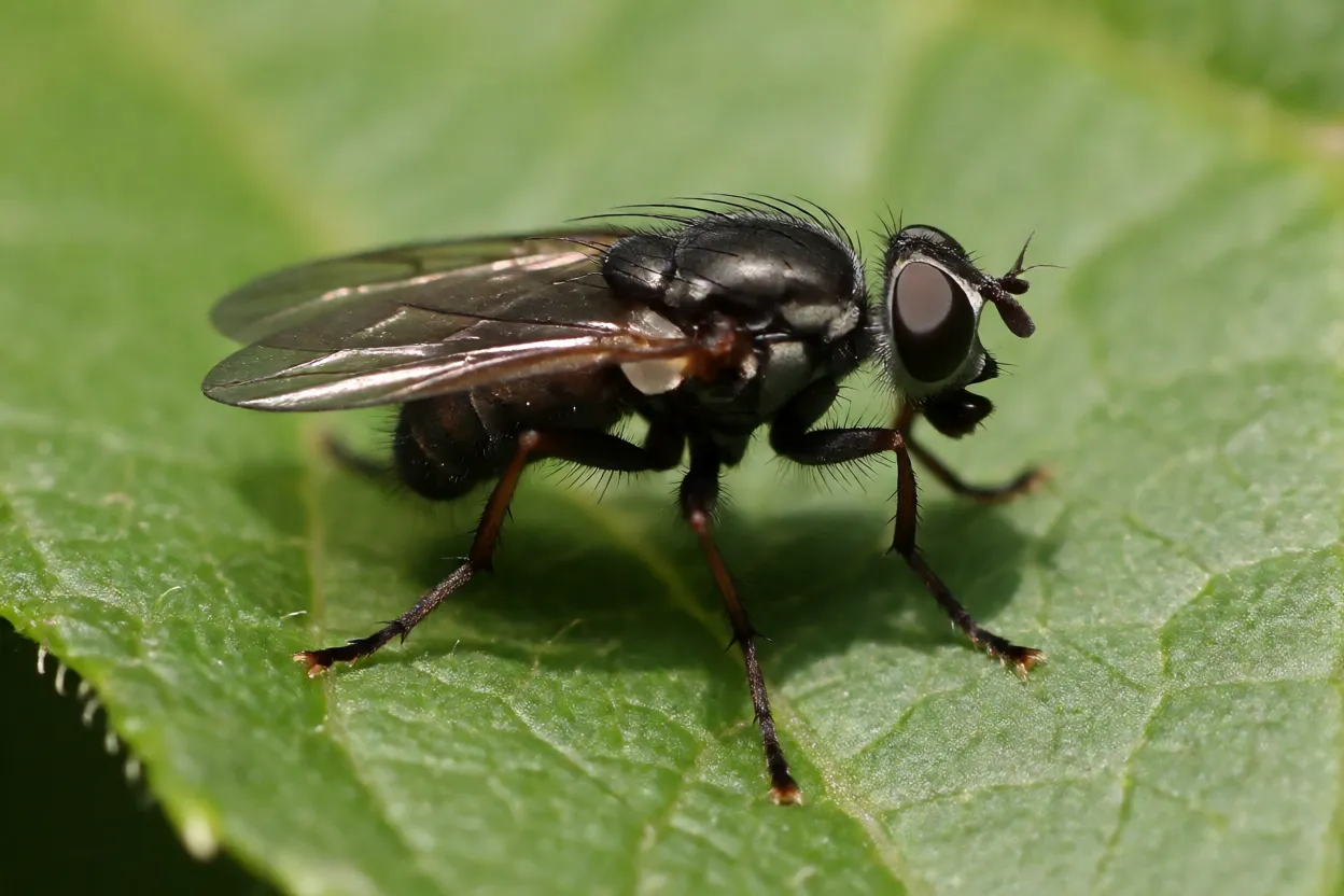 Pium borrachudo adulto de corpo preto corcunda sobre folha verde