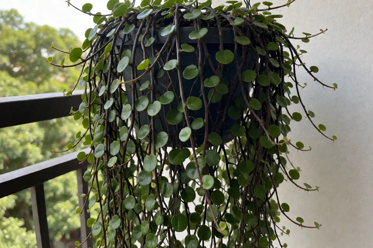 Planta-arame em vaso pendente com ramas longas e folhas pequenas brilhantes