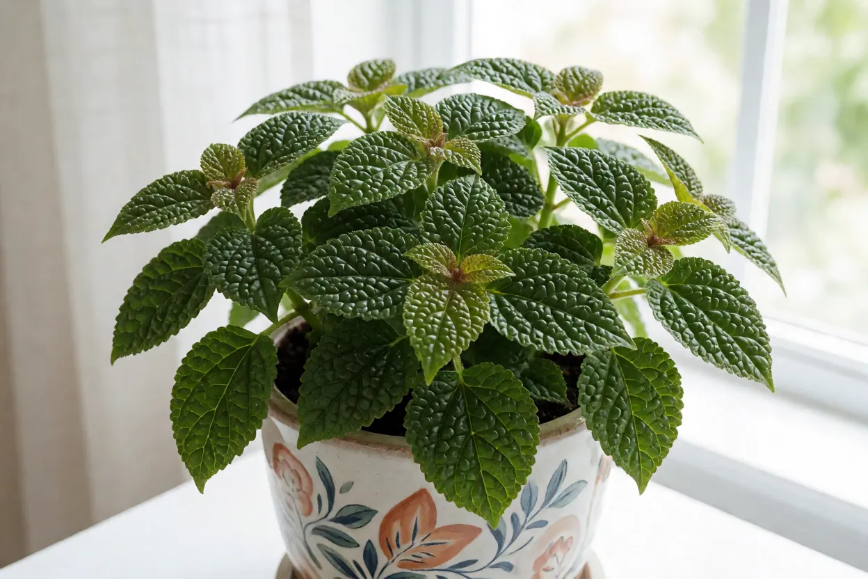Planta-da-amizade (Pilea involucrata) adulta em vaso decorativo com folhagem bronze-esverdeada
