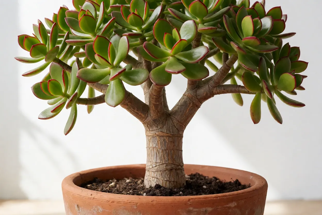 Planta-jade adulta em vaso de barro com tronco grosso e folhas verdes brilhantes