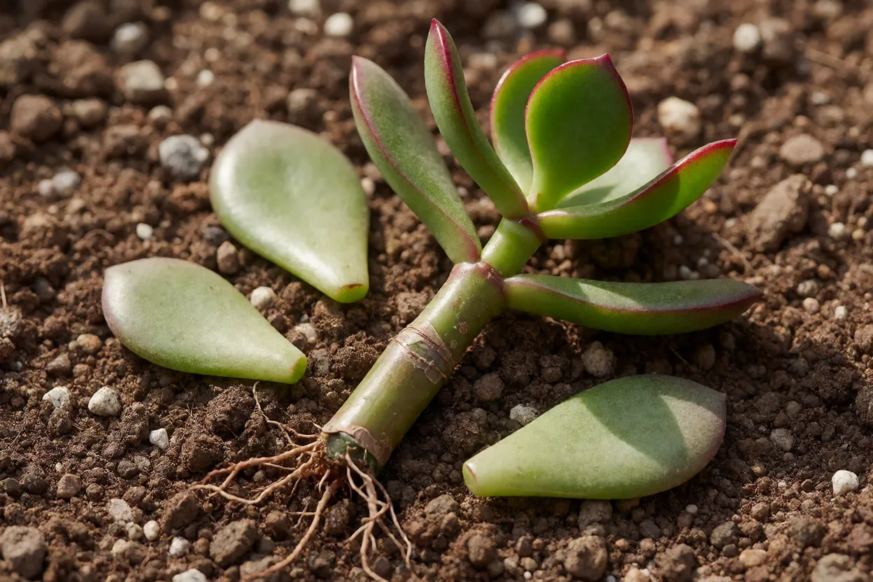 Muda de galho de planta-jade apoiada em substrato seco e folhas soltas ao lado