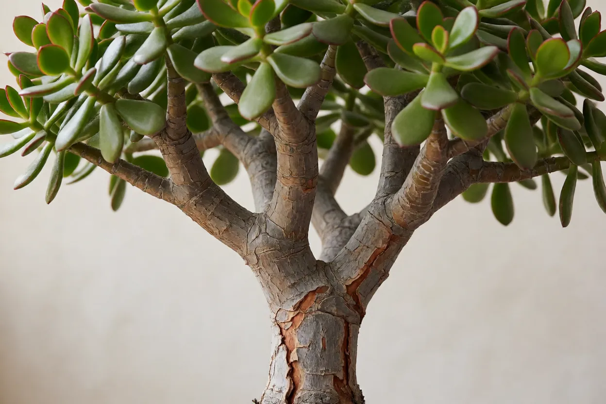 Detalhe das folhas carnudas e do tronco acinzentado da planta-jade