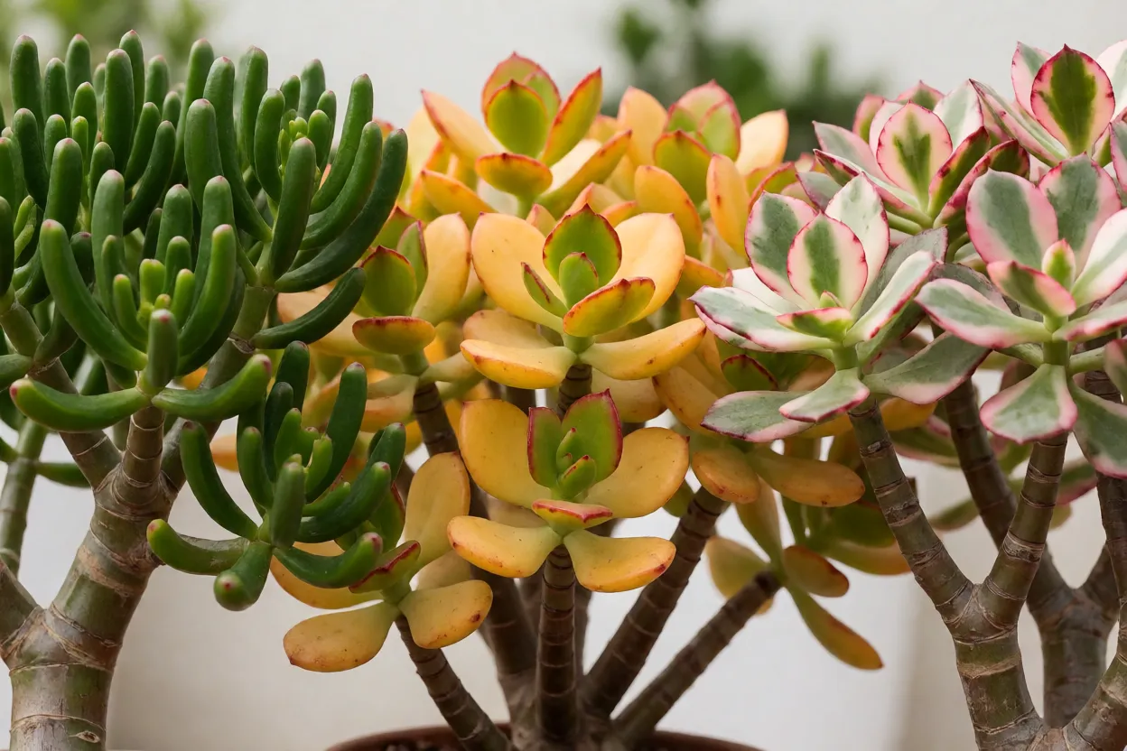 Variedades de Crassula ovata lado a lado: Gollum, Hummel's Sunset e variegada