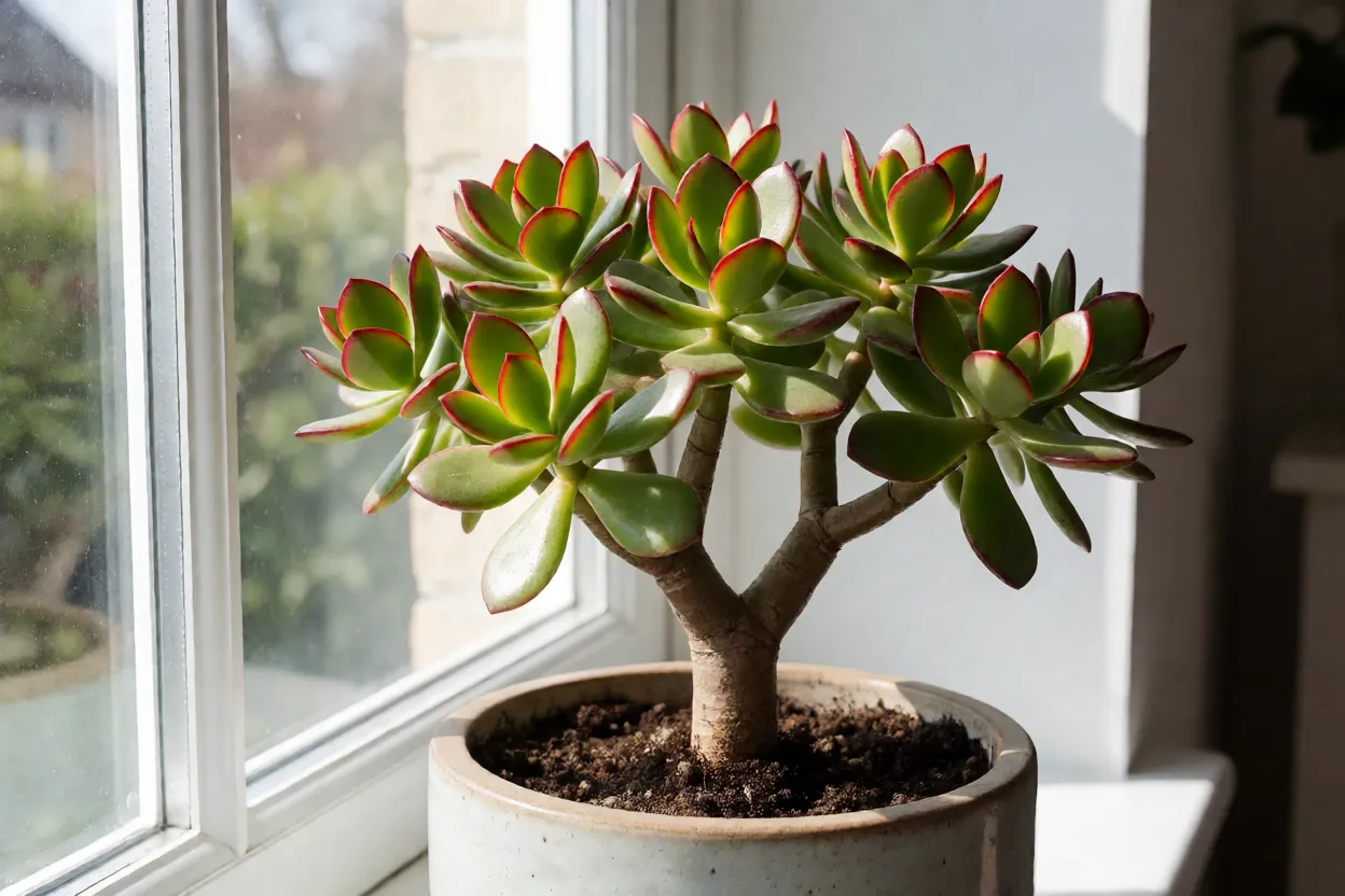 Planta-jade em vaso ao lado de janela com sol da manh&atilde;