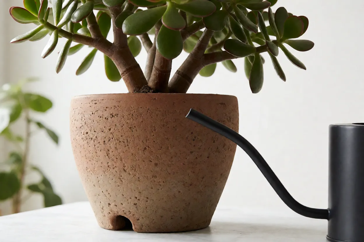 Regando a planta-jade com regador de bico fino at&eacute; a &aacute;gua escorrer pelo furo