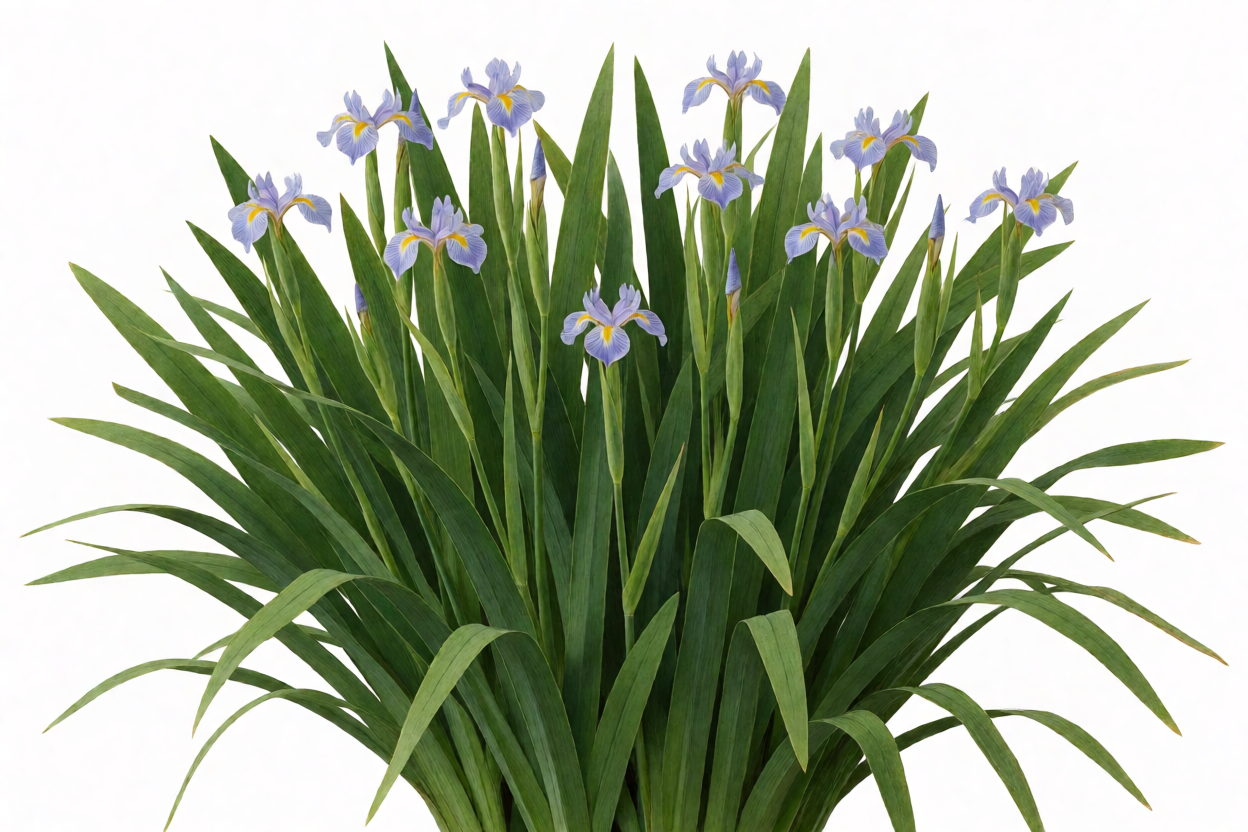 Touceira de moreia com folhas longas e flores delicadas no jardim