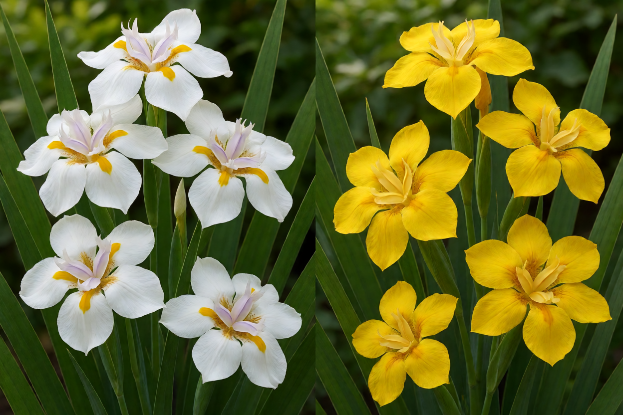 Comparação visual entre moreia branca e moreia amarela em flor