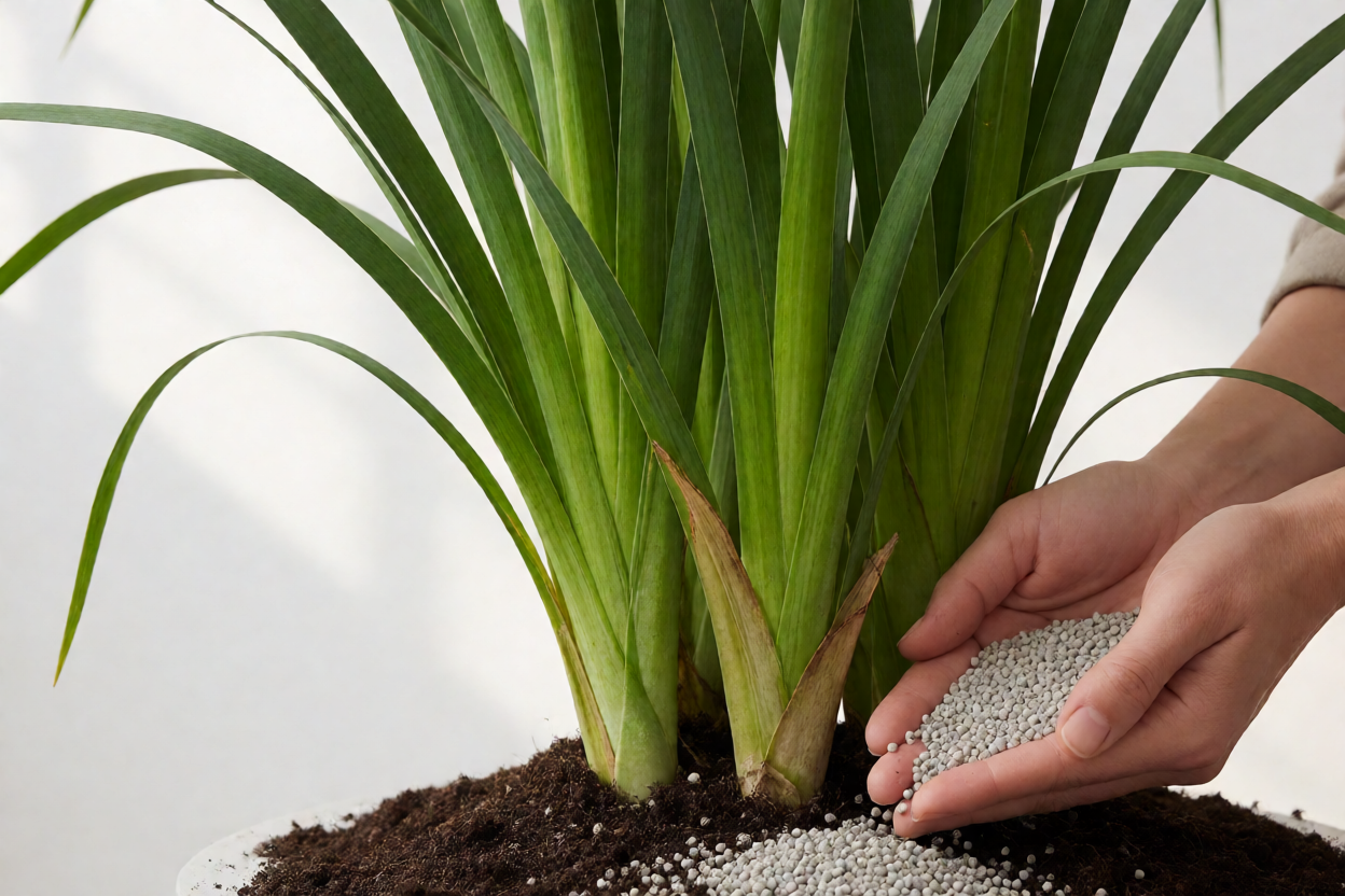 Adubação de moreia com fertilizante rico em fósforo no jardim