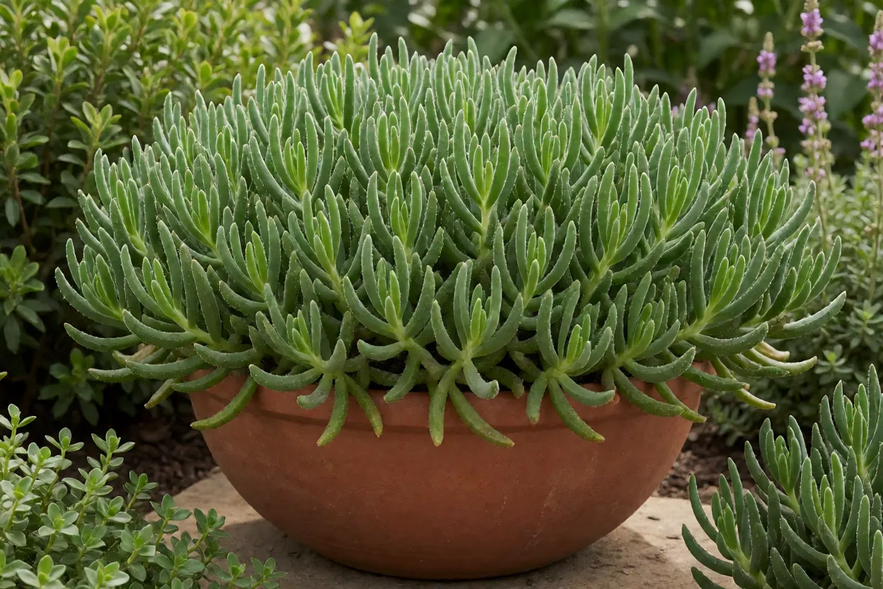 Planta-picles adulta em vaso de barro mostrando moita densa de folhas em forma de picles