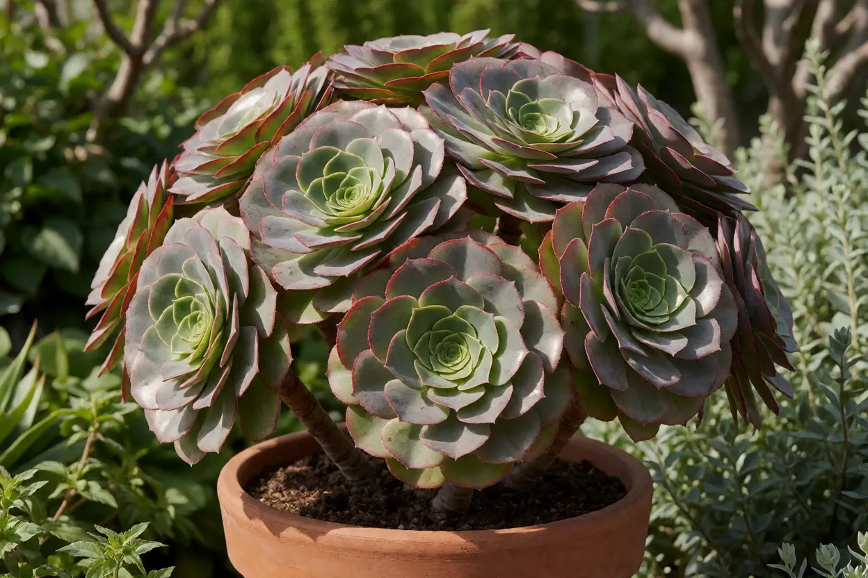 Planta-pires Aeonium haworthii adulta em vaso de barro com várias rosetas em forma de pires