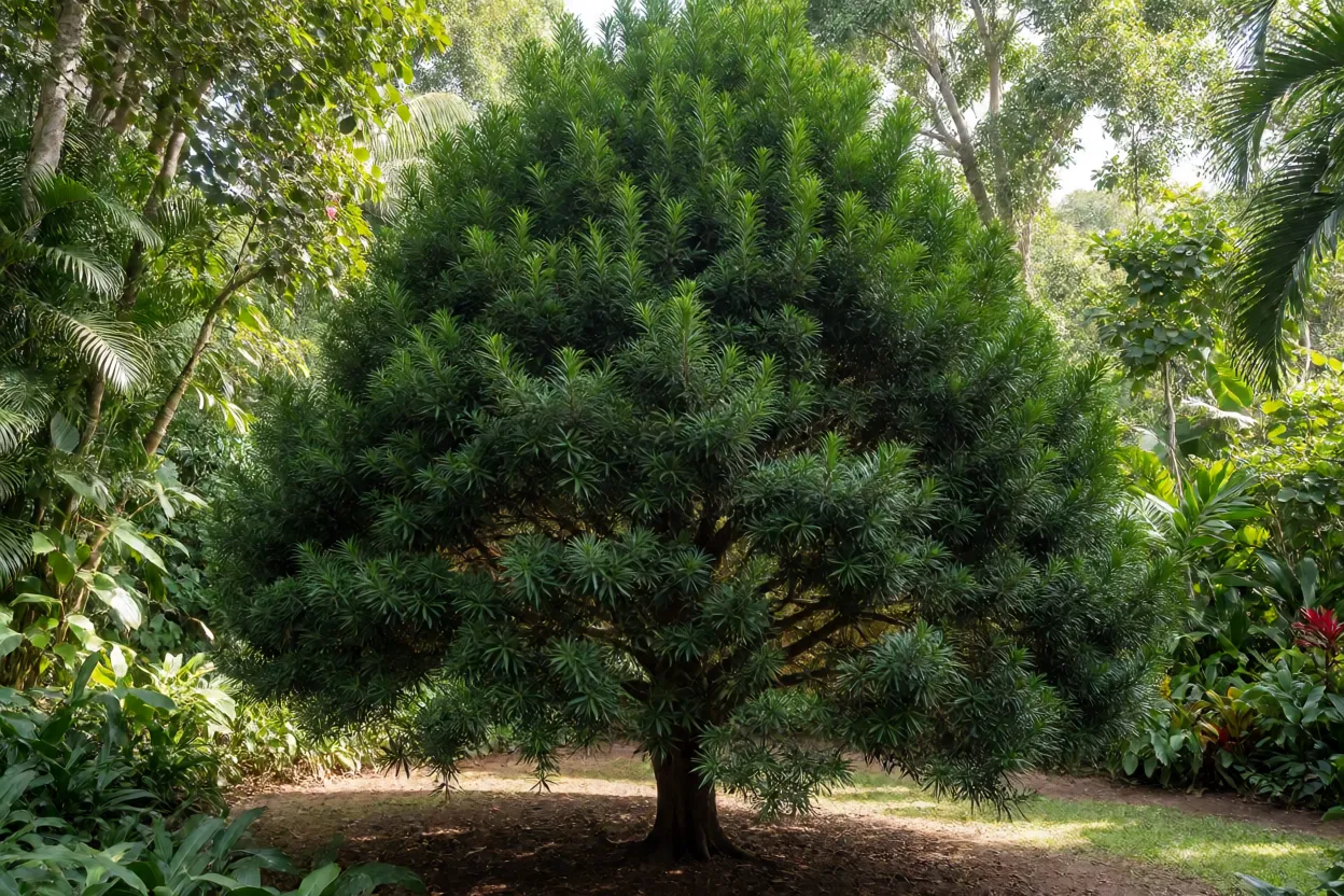 Podocarpo adulto com copa piramidal densa em jardim