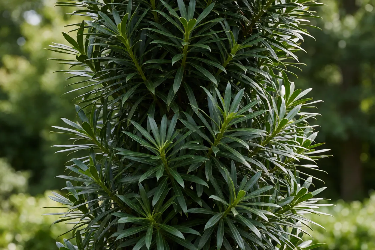 Podocarpo Podocarpus macrophyllus com folhagem densa verde-escura em jardim