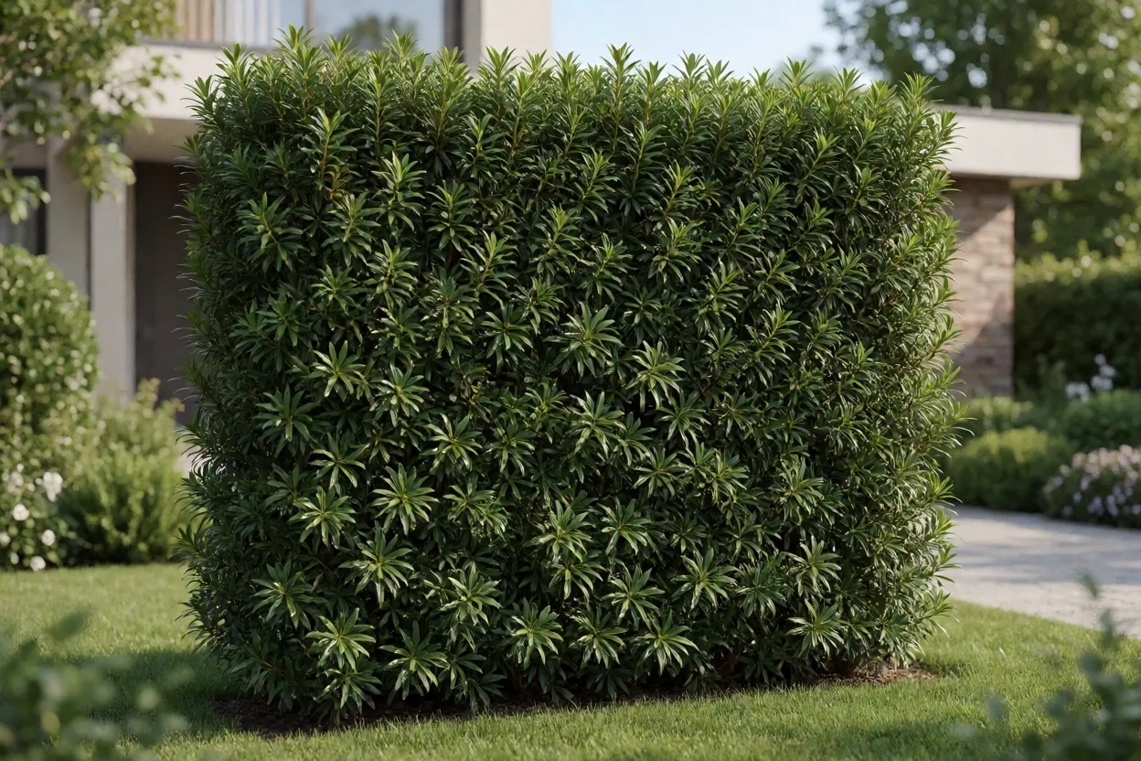 Cerca-viva de podocarpo formando barreira verde em jardim