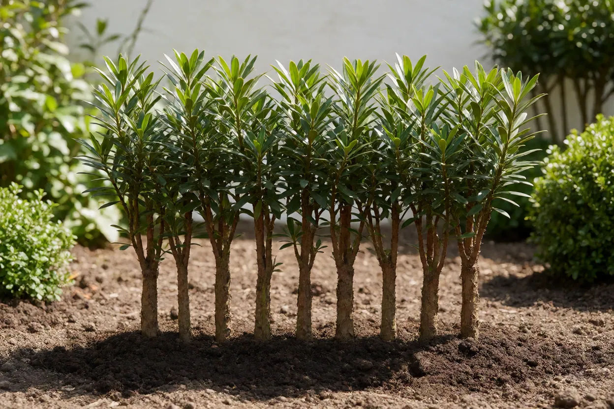 Mudas de podocarpo sendo plantadas em linha para cerca-viva