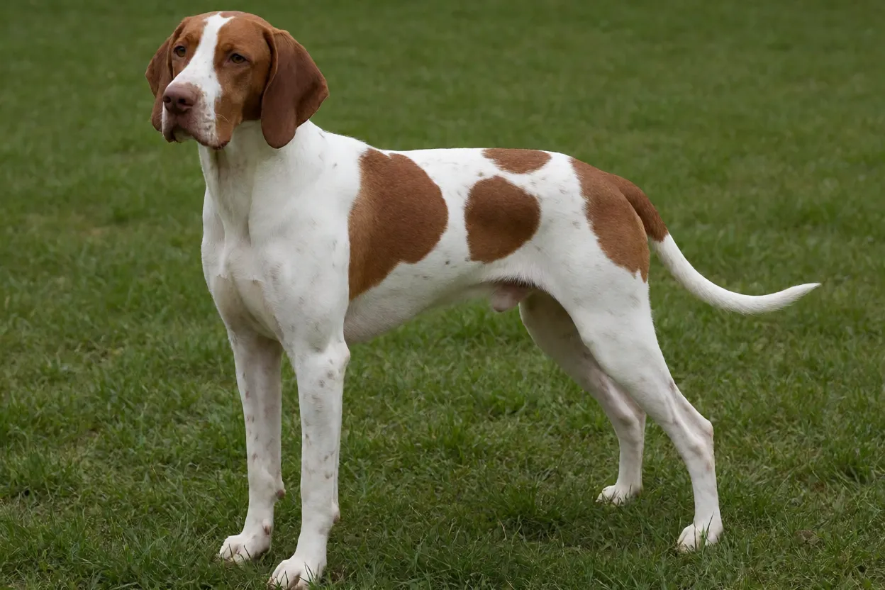 Pointer Inglês adulto em pé na grama, corpo inteiro, pelagem branca com manchas fígado
