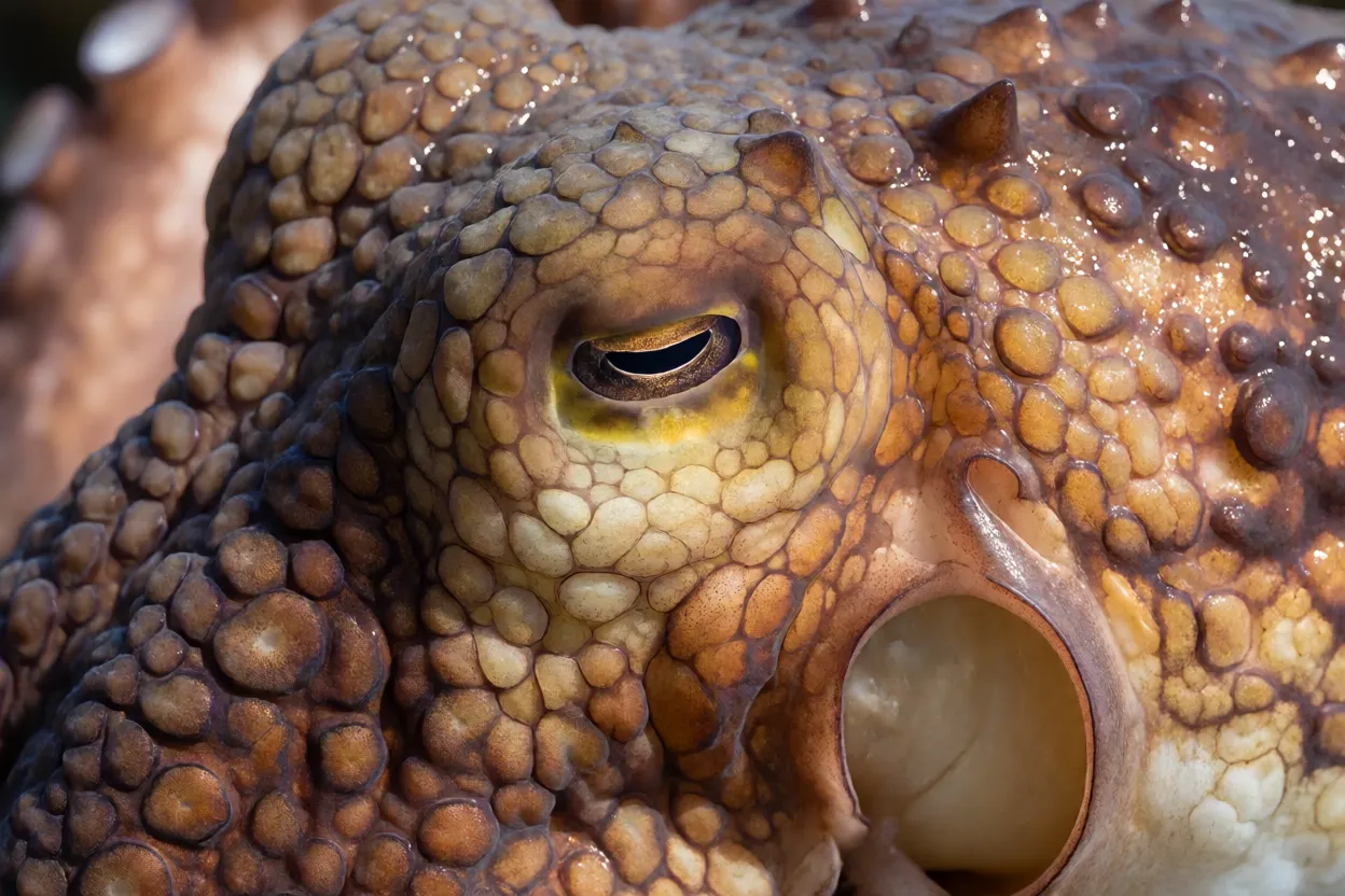 Close-up da cabeça e olhos do polvo-gigante-do-pacífico