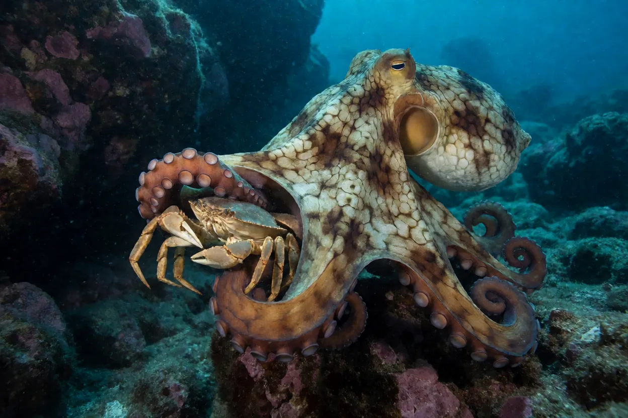 Polvo-gigante-do-pacífico caçando caranguejo no fundo do mar