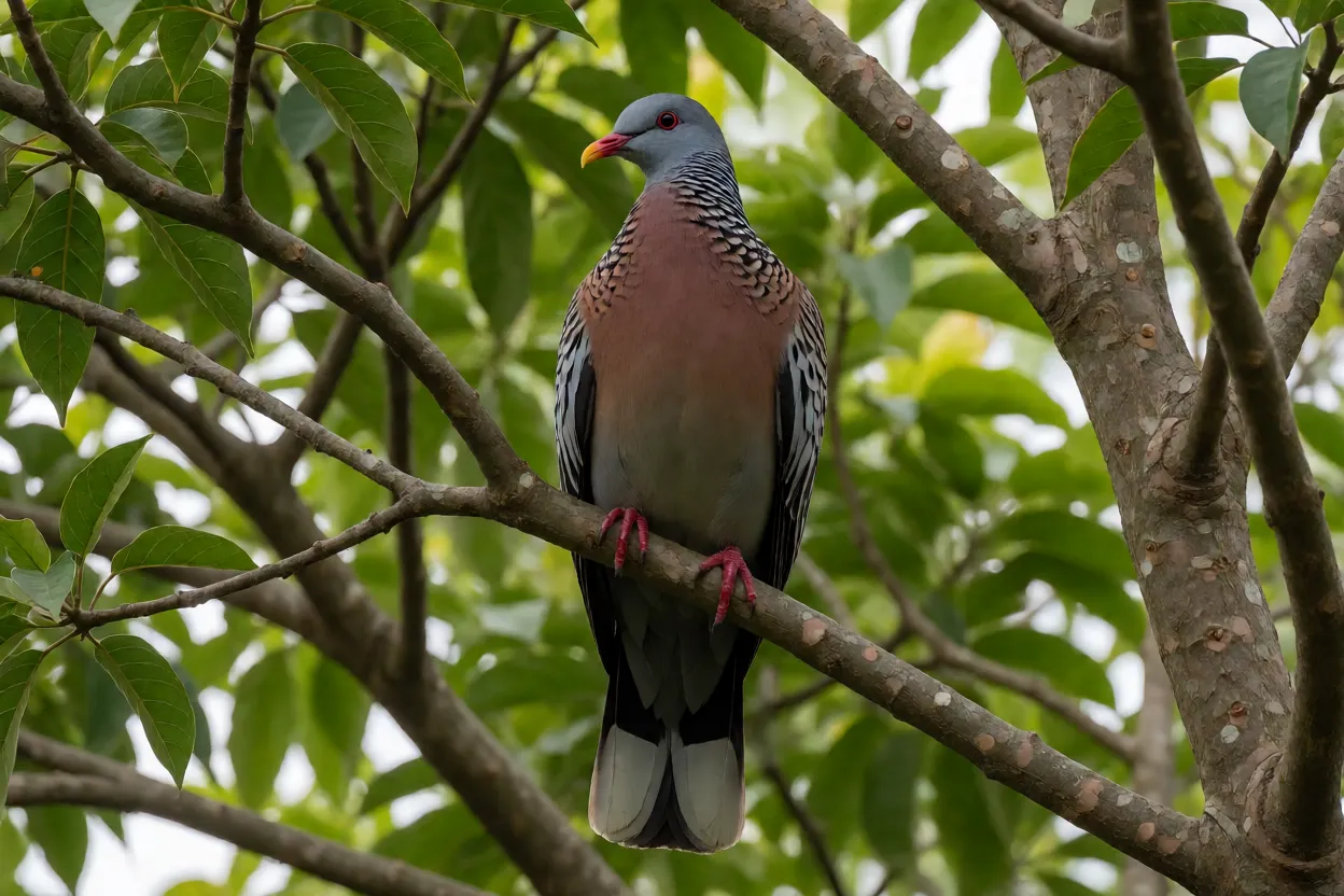 Pomba-trocal empoleirada em galho alto mostrando plumagem escamada