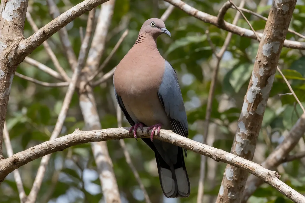 Pombo-coroado de corpo inteiro pousado em galho de mata seca