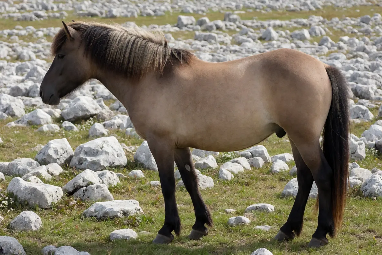 Pônei de Gotland adulto de pelagem baia dun em pastagem de alvar na Suécia, vista lateral