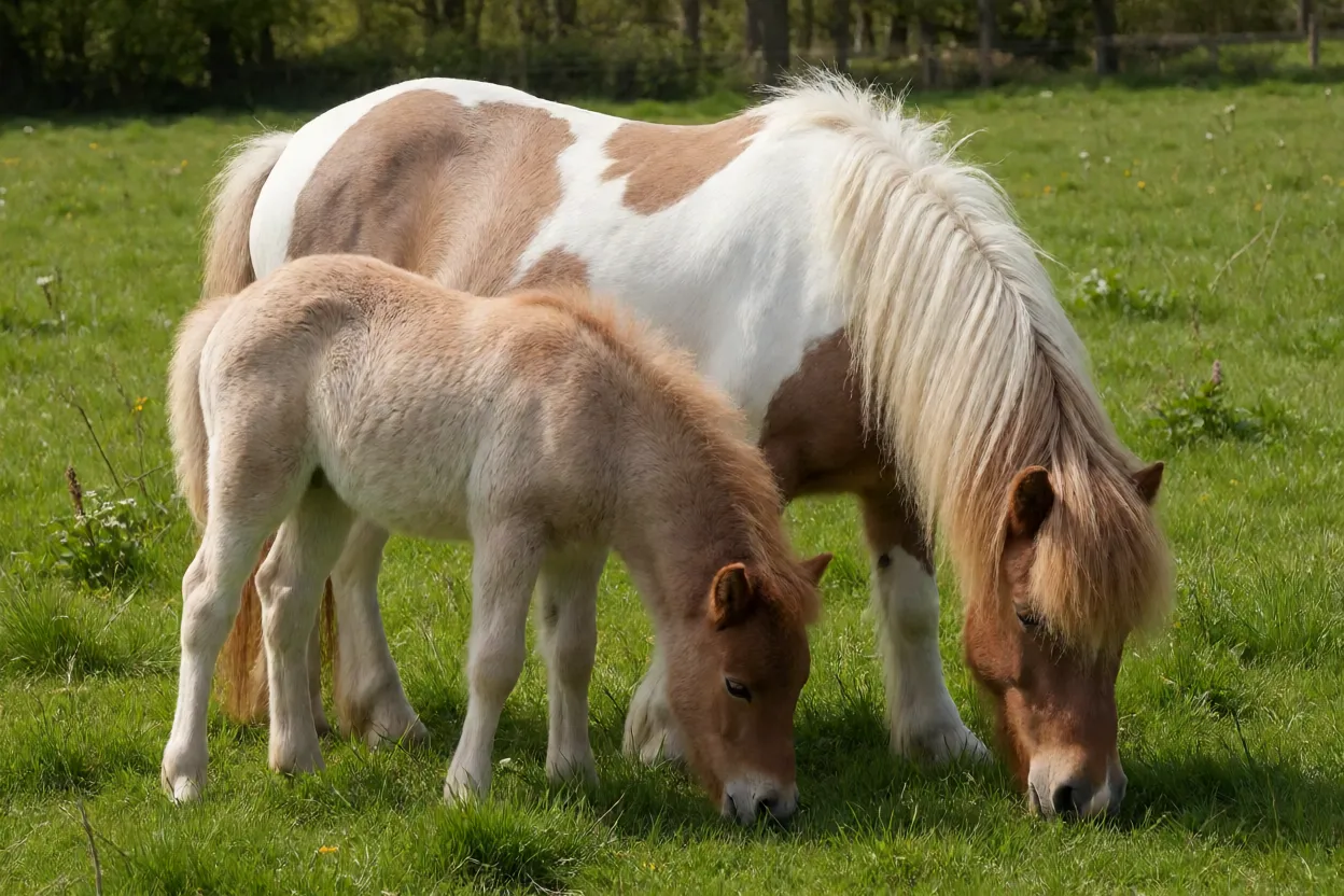 Égua Pônei Shetland com seu filhote pastando