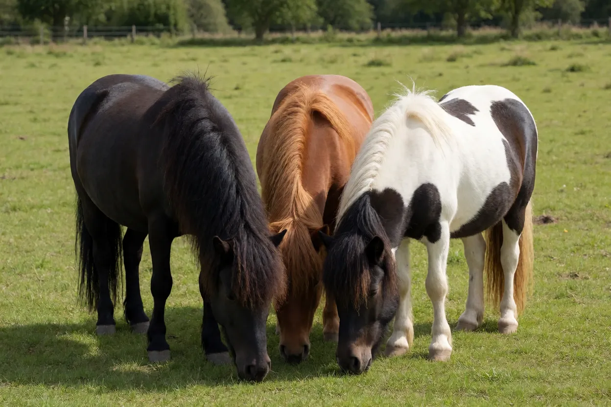 Grupo de três Pôneis Shetland de cores diferentes pastando