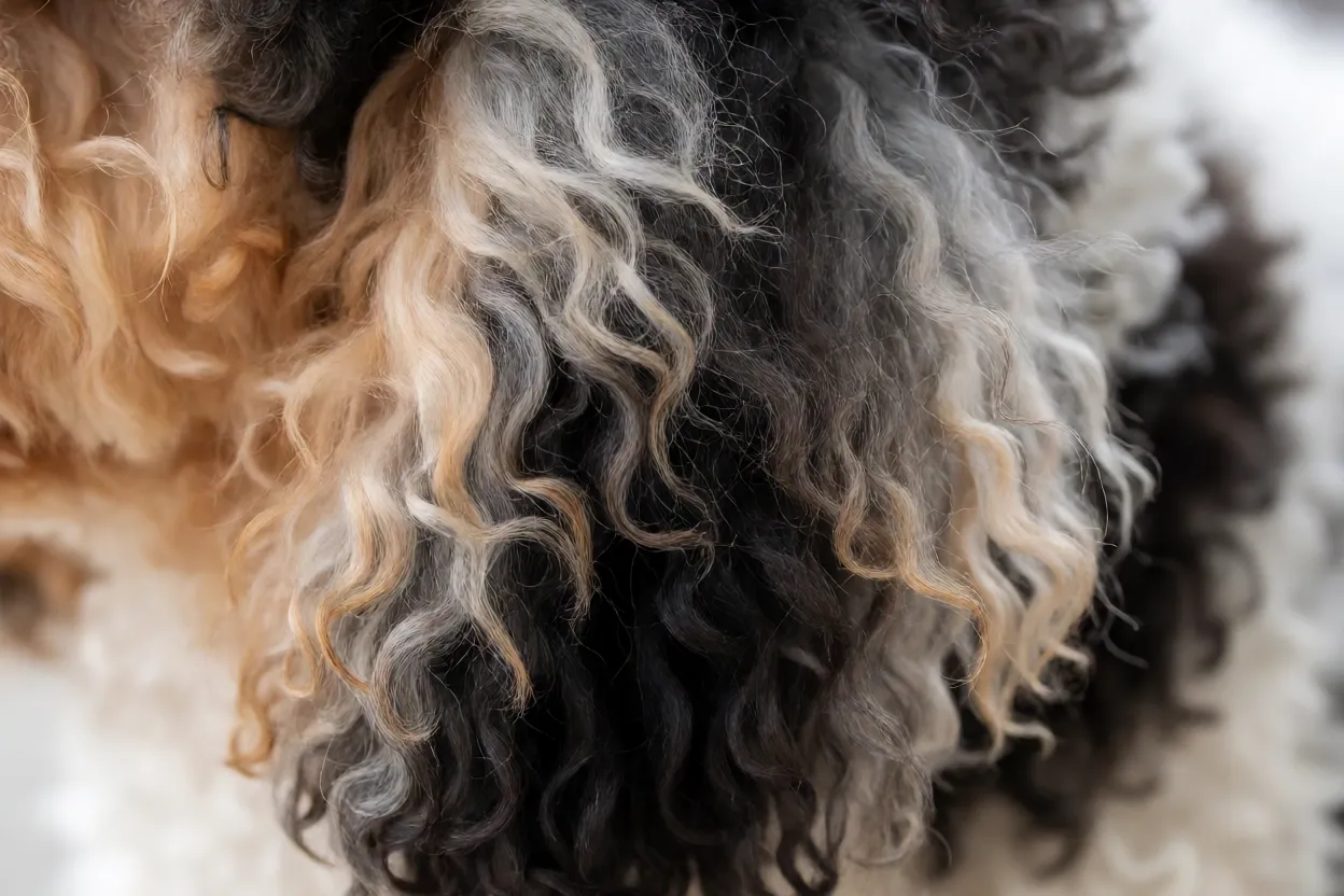 Detalhe da textura encaracolada da pelagem do Poodle em várias cores