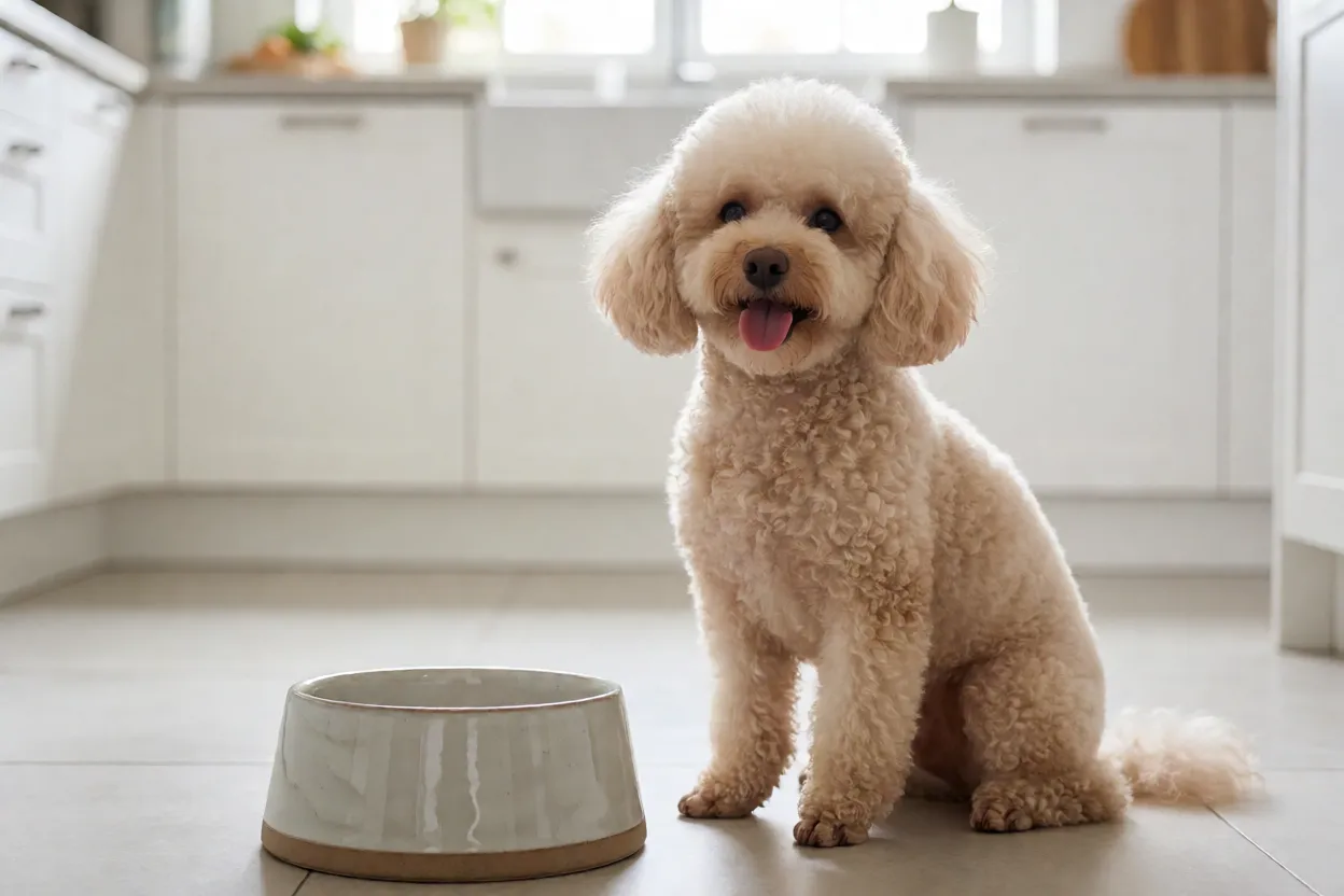 Tigela de ração de qualidade ao lado de um Poodle Miniatura