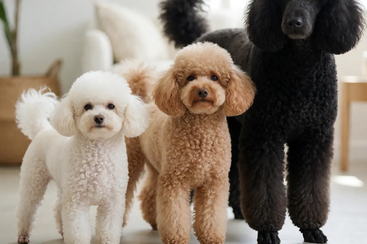 Comparação visual de Poodle Toy, Miniatura e Standard lado a lado