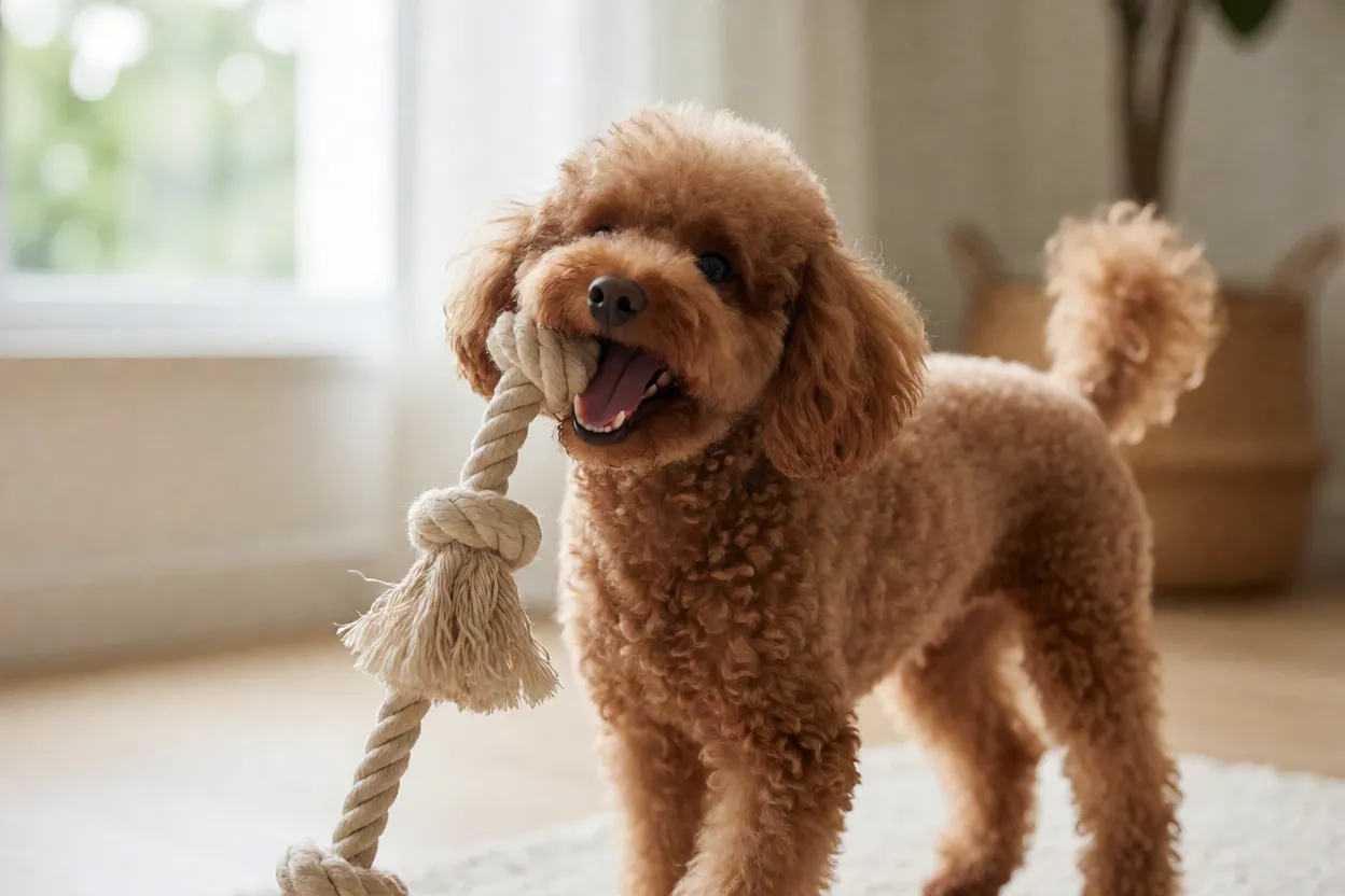 Poodle Miniatura brincando com brinquedo de corda em ambiente interno