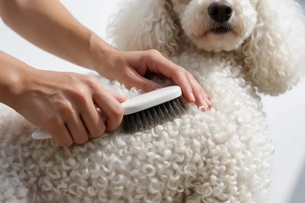 Mão escovando pelo cacheado de um Poodle branco com escova slicker