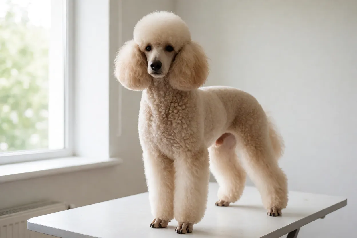 Poodle Standard após tosa profissional com corte pet limpo