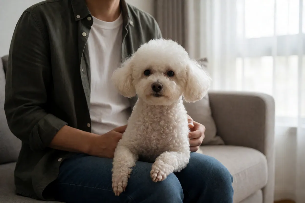 Poodle Toy sentado no colo de uma pessoa em sofá
