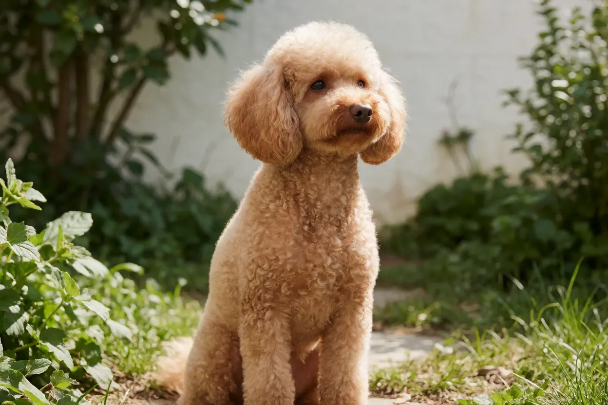 Poodle Miniatura executando comando senta em ambiente externo