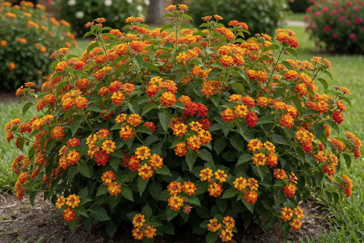 Porto-seguro (Lantana camara) arbusto florido com inflorescências multicoloridas no jardim