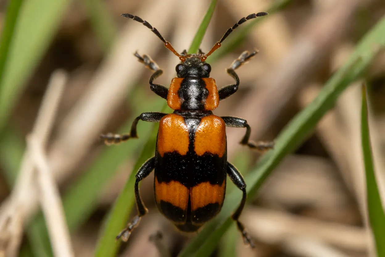 Potó besouro Paederus de corpo alongado preto e laranja em vista macro