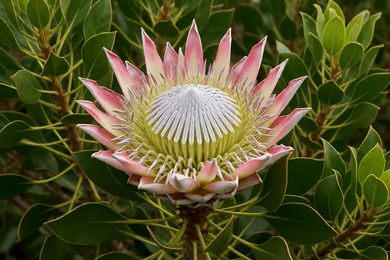 Protea: tipos, formatos das flores, cores e cuidados no cultivo Flor de protea-rei aberta em arbusto de folhas verdes brilhantes
