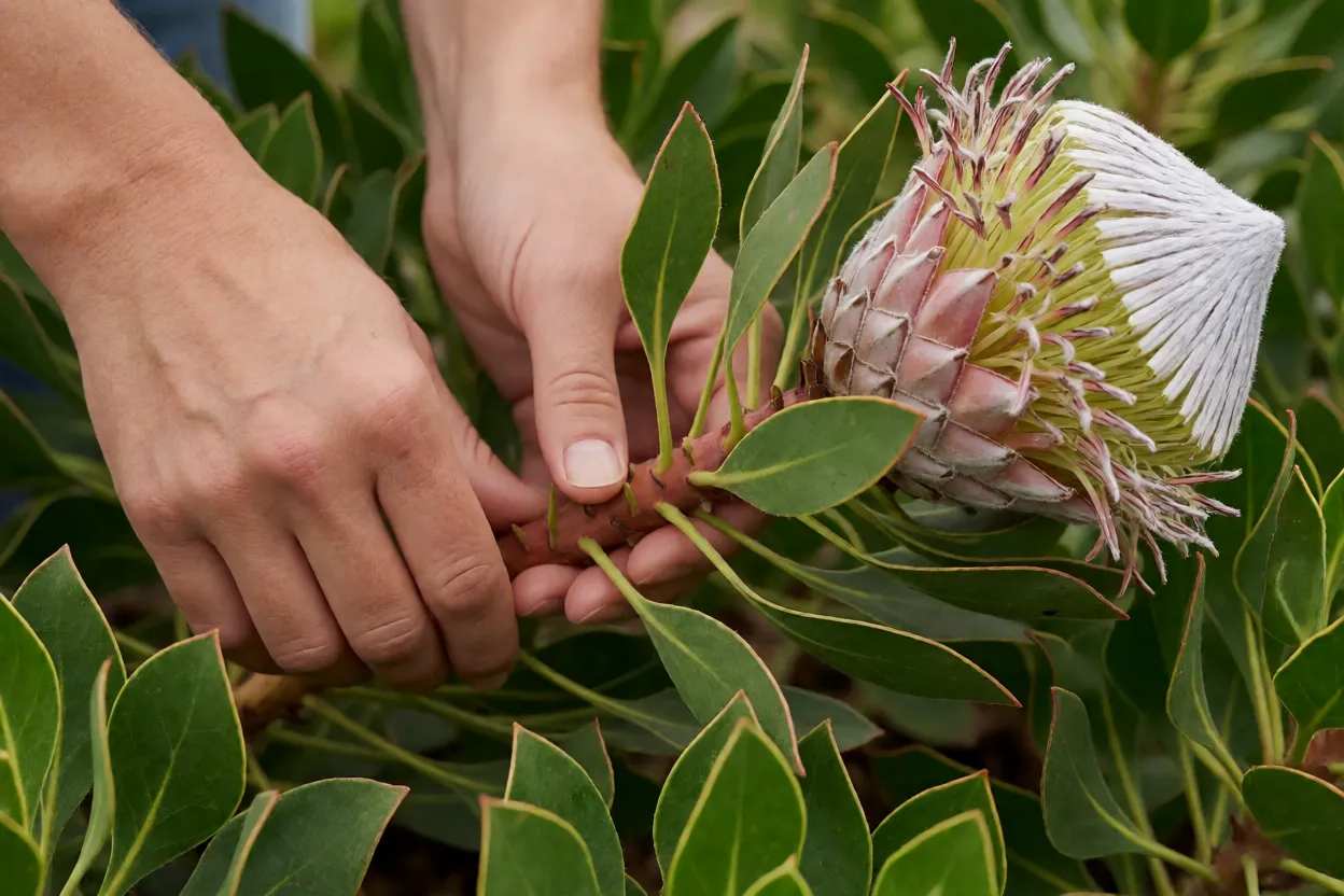 Protea: tipos, formatos das flores, cores e cuidados no cultivo Mãos podando haste de protea após a floração, acima das folhas verdes