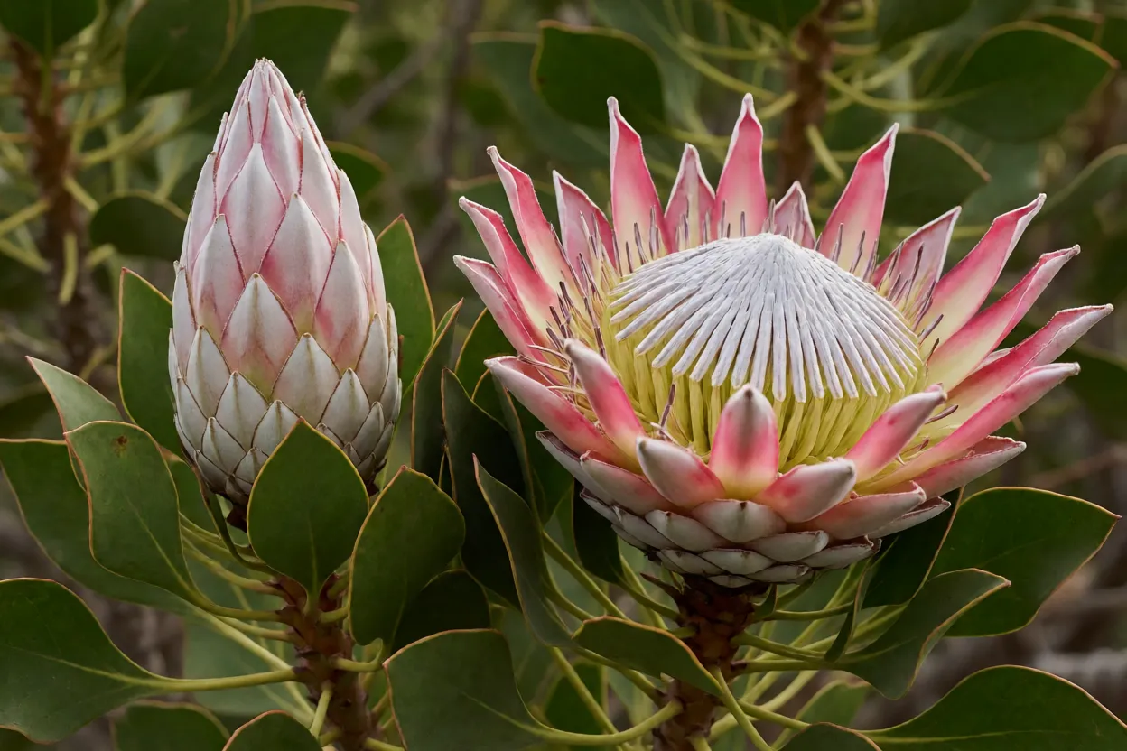 Protea: tipos, formatos das flores, cores e cuidados no cultivo Botão fechado de protea-rei ao lado de flor já aberta