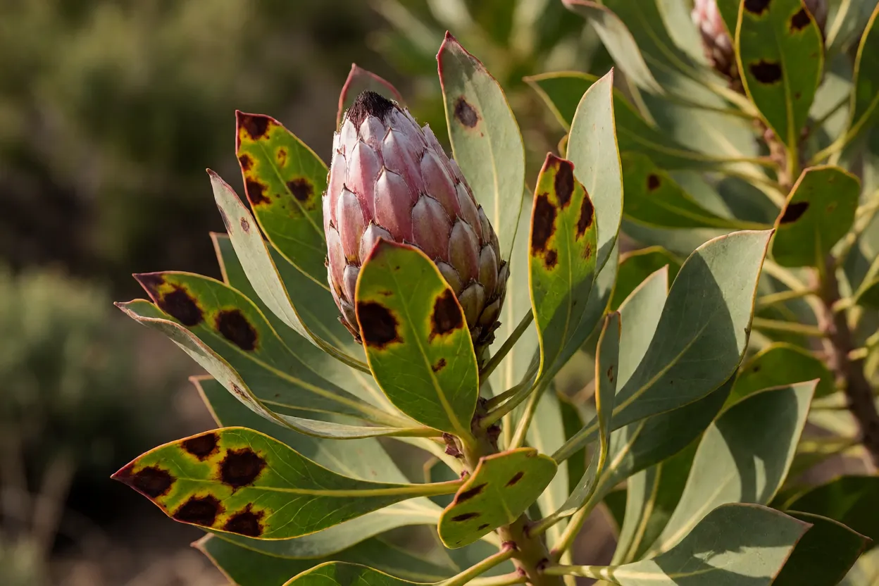 Protea: tipos, formatos das flores, cores e cuidados no cultivo Folhas de protea com manchas escuras causadas por fungo