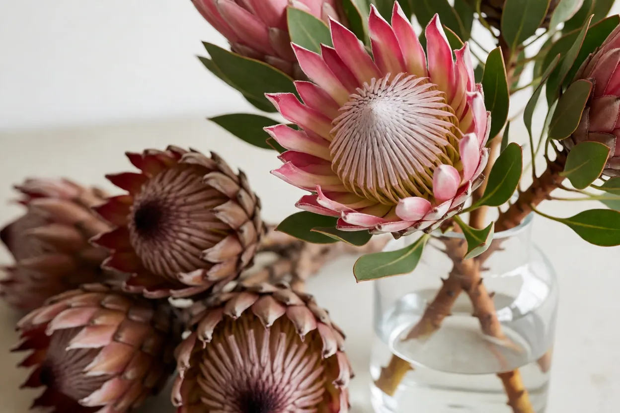 Protea: tipos, formatos das flores, cores e cuidados no cultivo Vaso com proteas rosadas em arranjo ao lado de flores secas