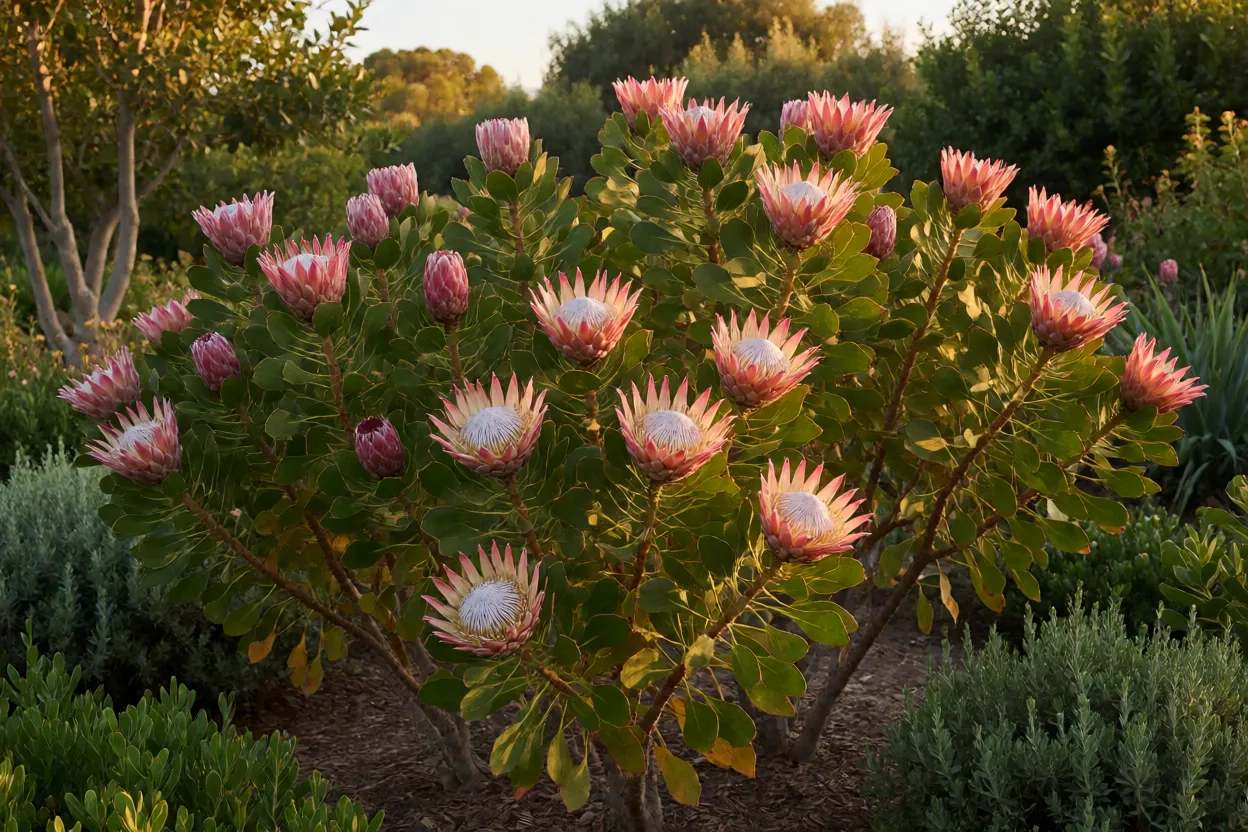 Protea: tipos, formatos das flores, cores e cuidados no cultivo Jardim com várias proteas floridas ao fim da tarde