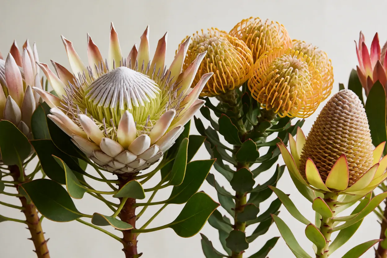 Protea: tipos, formatos das flores, cores e cuidados no cultivo Diferentes tipos de protea reunidos: protea-rei, flor-de-alfinete e leucadendron